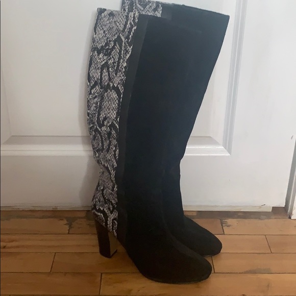 Black & Faux Snakeskin Tall Boots with Heel - Picture 1 of 5